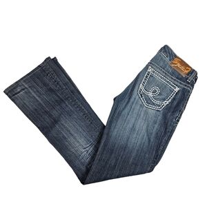 Seven7 Medium‎ Wash Flare Denim Jeans White Stitching Size 28 Women's O80
